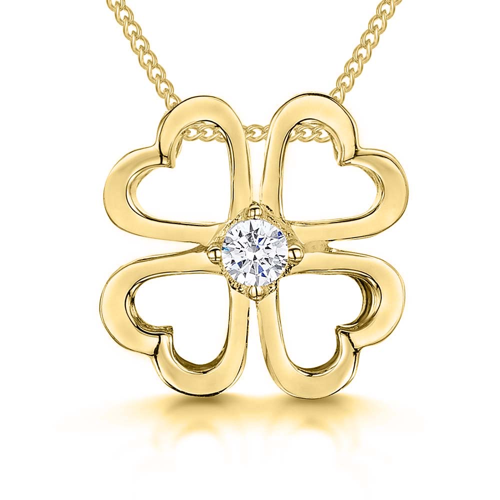 Gold Vermeil Heart Shape Clover Pendant With Cubic Zirconia Centre