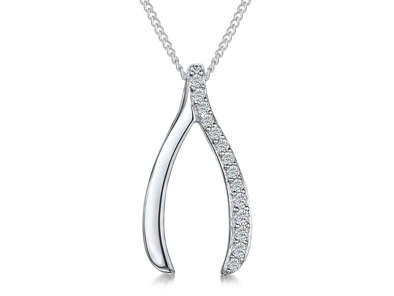 A sterling silver wishbone pendant with half pave set cubic zirconia, attached to a silver curb chain-JOOLS by Jenny Brown