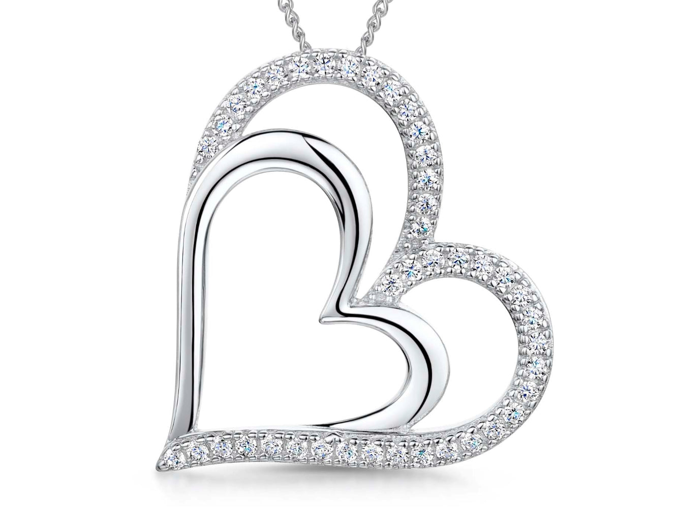 Sterling Silver Offset Pave Set  Double Heart Pendant