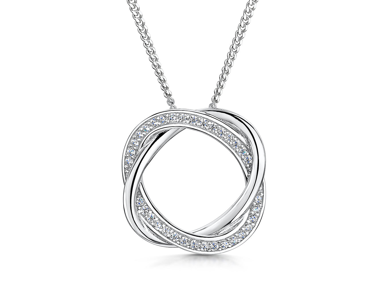 A sterling silver woven circle pendant adorned with cubic zirconia,-JOOLS by Jenny Brown