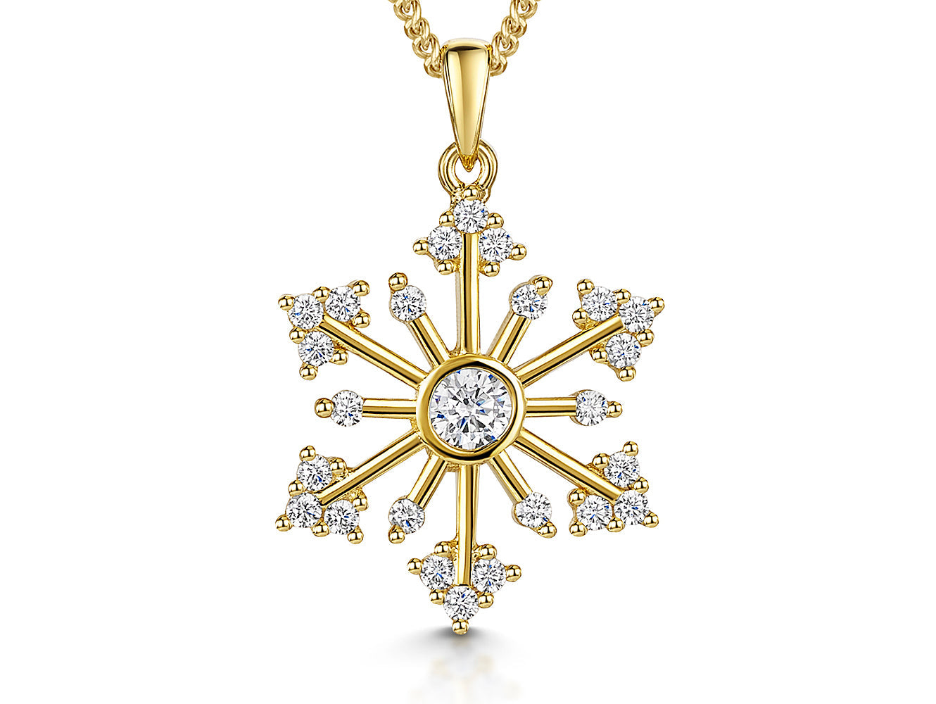 Yellow Gold Cubic Zirconia Snowflake Necklace With A Single Round Stone Centre