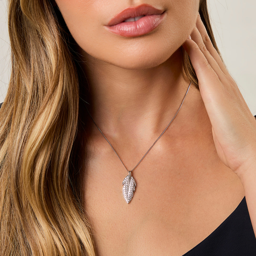 Sterling Silver Feather Pendant Set With Cubic Zirconias