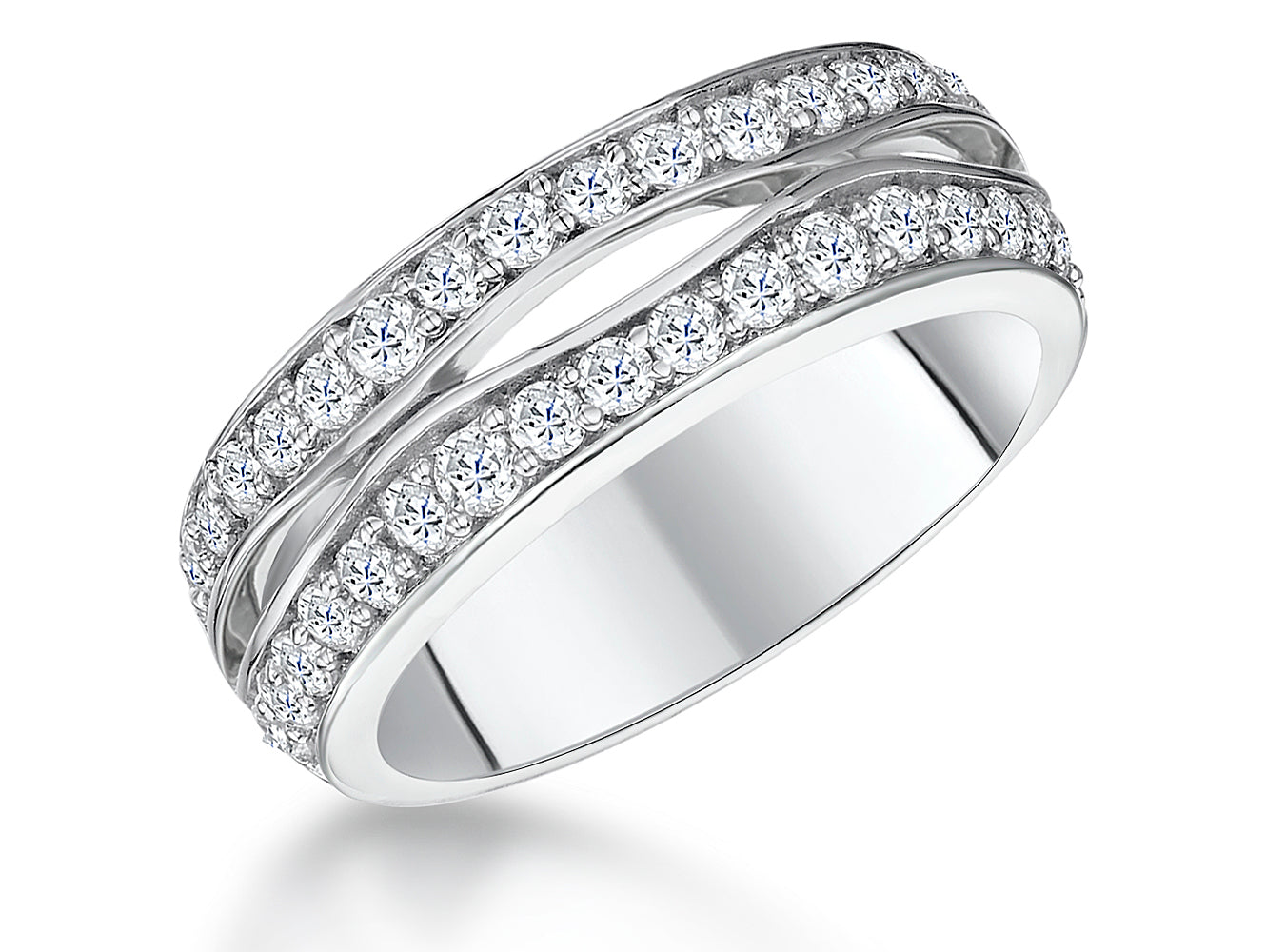 A sterling silver ring with two wavy pave set bands of cubic zirconia stones-JOOLS by Jenny Brown