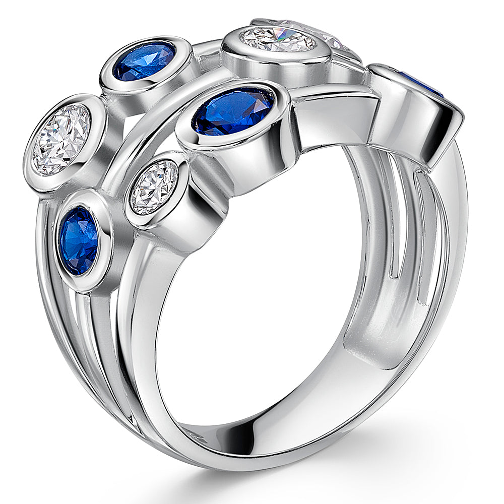 Solid 925 Sterling Silver Multi-Row Blue & White Bubble Ring | Premium Cubic Zirconia