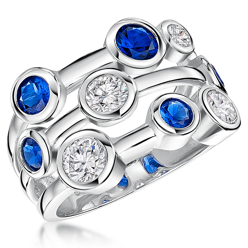 Solid 925 Sterling Silver Multi-Row Blue & White Bubble Ring | Premium Cubic Zirconia
