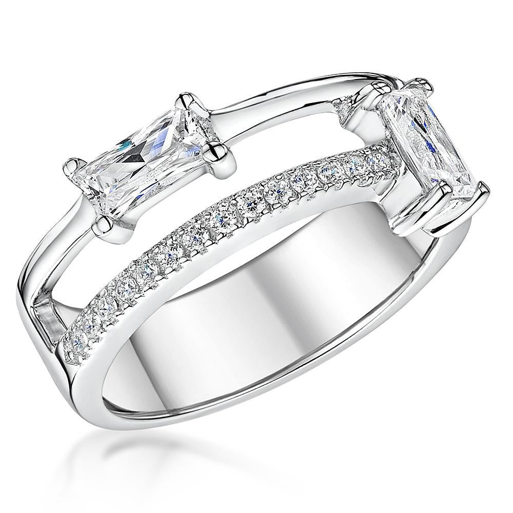 Sterling Silver Split Band Ring With Two Emerald Cut Stones