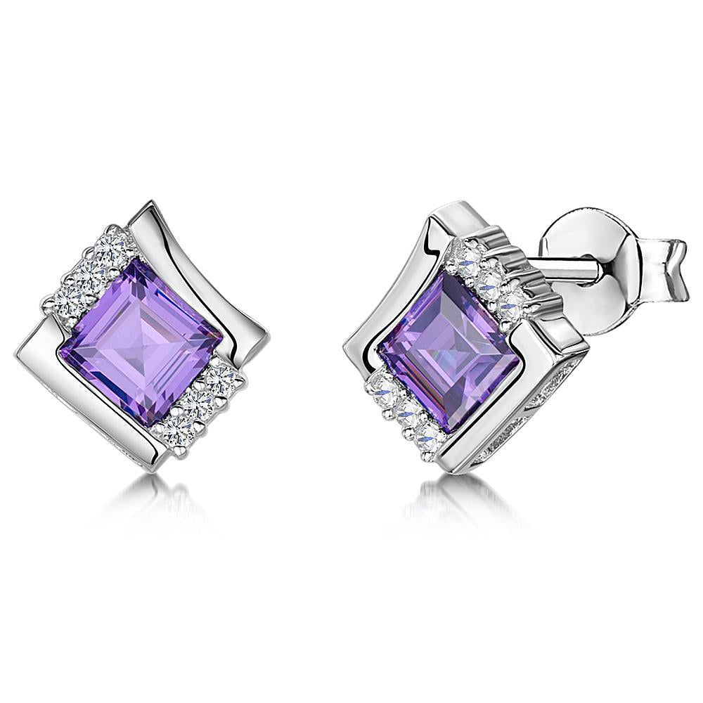 Sterling Silver  Amethyst Cubic Zirconia Square  Earrings