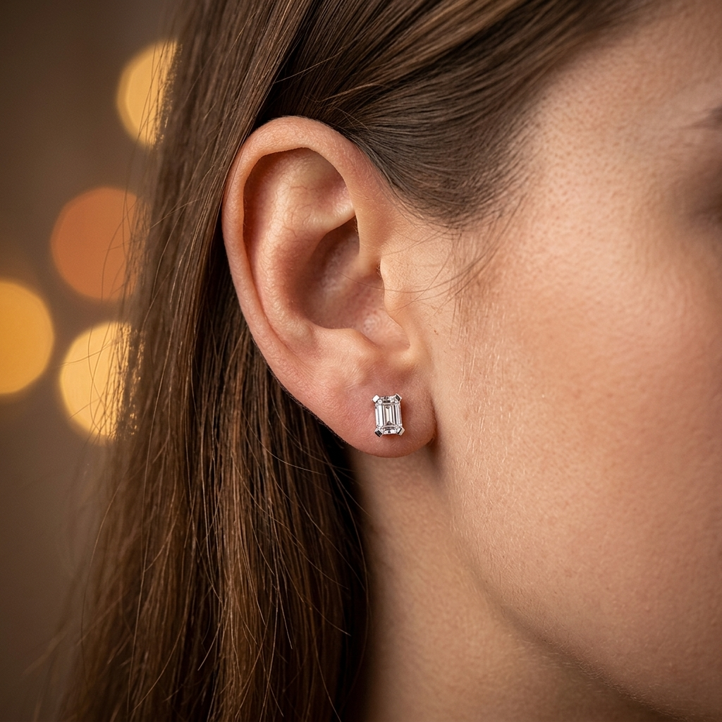 Sterling Silver Emerald Cut Stud Earrings