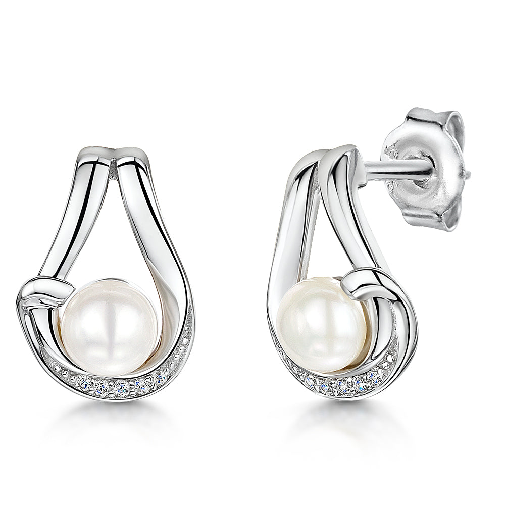 Sterling Silver Freshwater Pearl and Cubic Zirconia Earrings