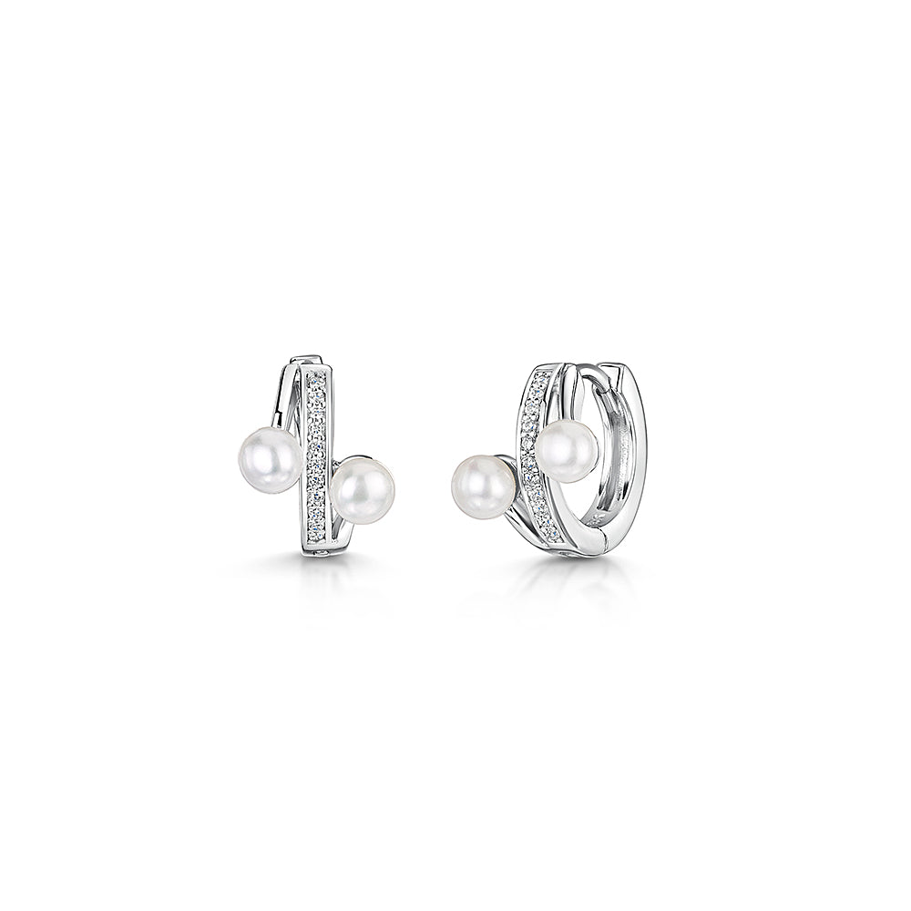 Sterling Silver Two Pearl Huggie Hoop Earrings