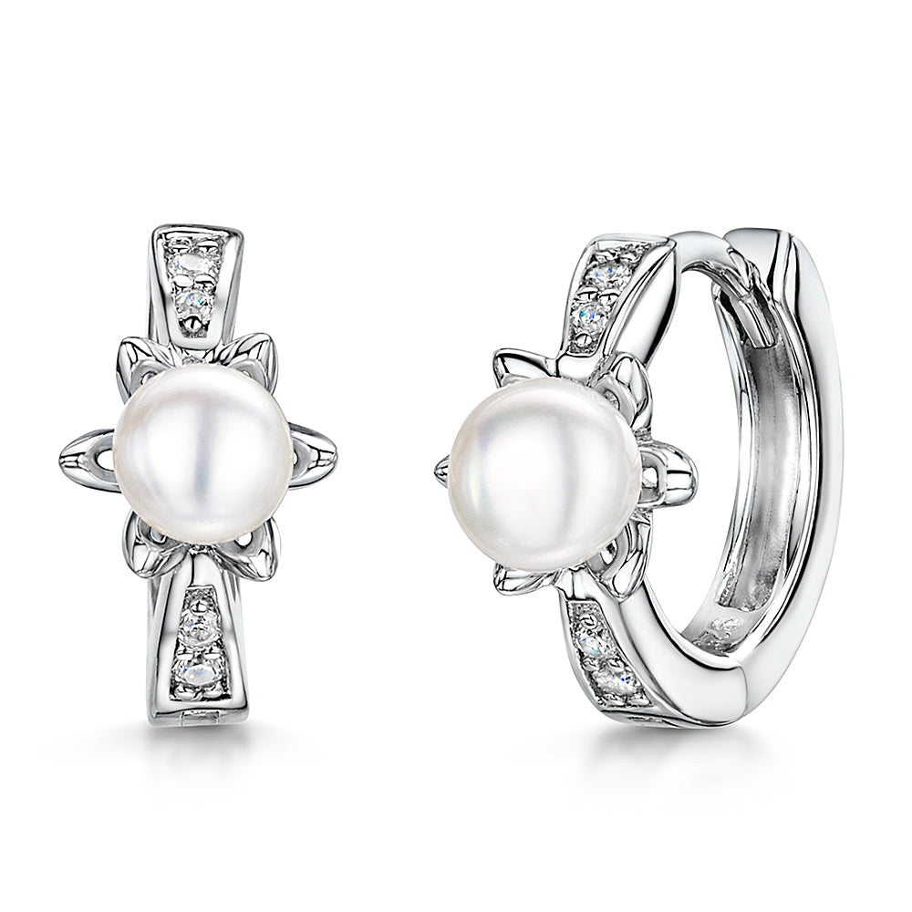 Sterling Silver Cubic  Zirconia Pearl Huggie Hoop  Earrings