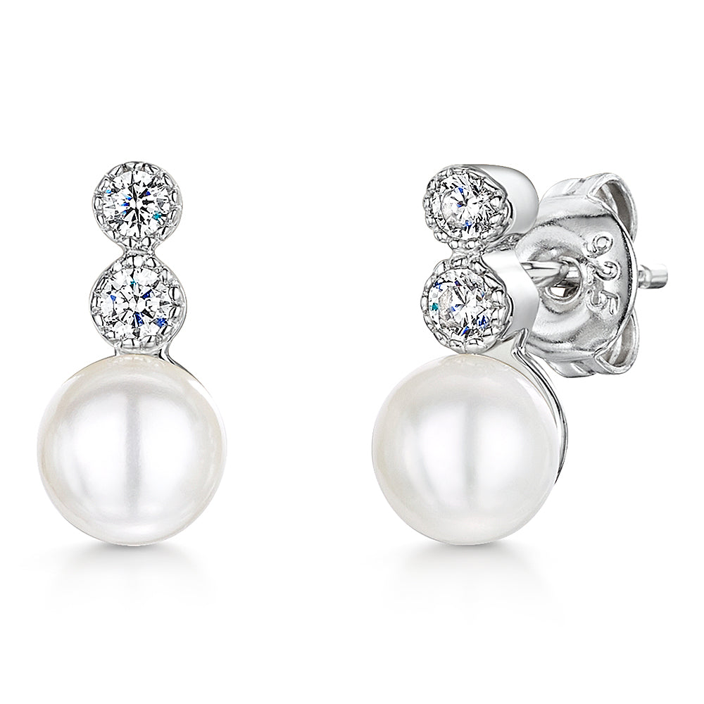 Sterling Silver Pearl Earrings Set With Two White Zirconia Stones