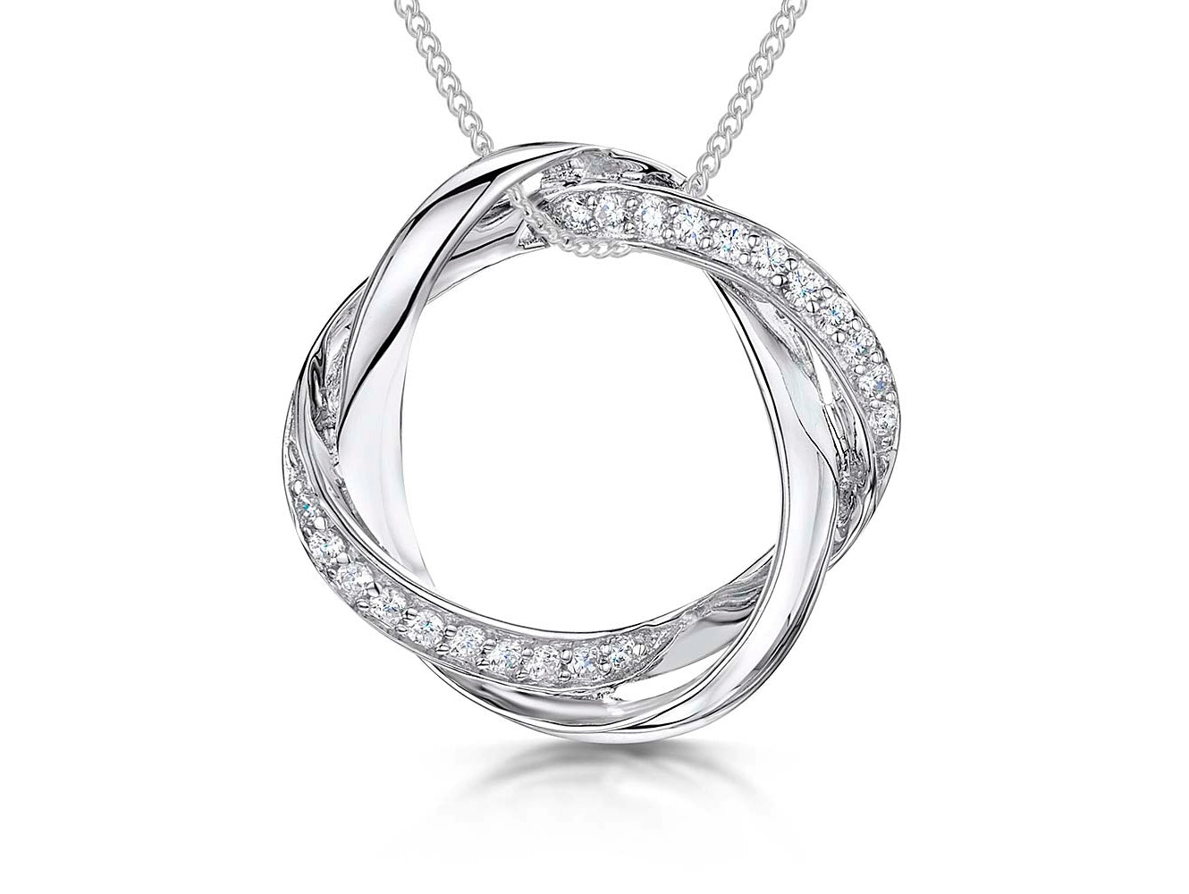Sterling Silver Twisted  Woven Circle Pendant With Cubic Zirconias