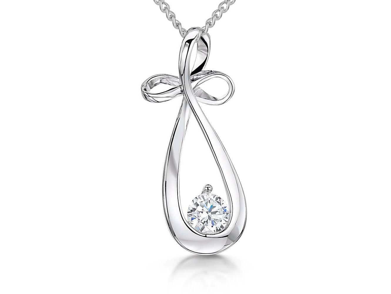 Sterling Silver Bow Pendant With A Single Cubic Zirconia Stone