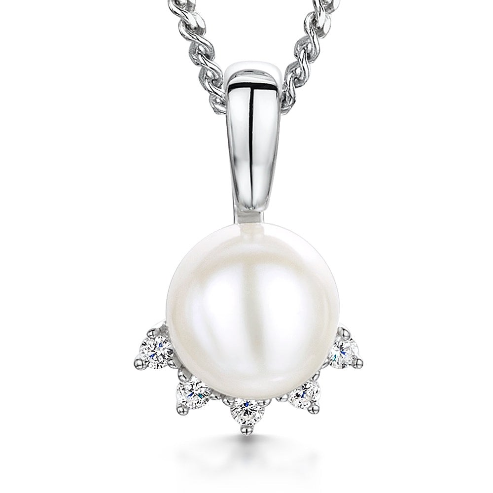 Sterling Silver  Pearl Necklace With Cubic Zirconia Tips