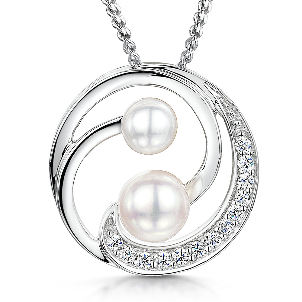Double Pearl Swirl Silver Necklace