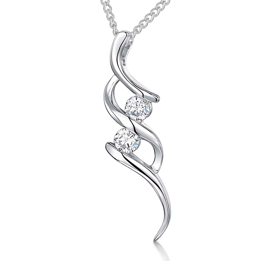 Solid 925 Sterling Silver Two-Stone Curved Swirl Drop Necklace | Premium  Cubic Zirconia