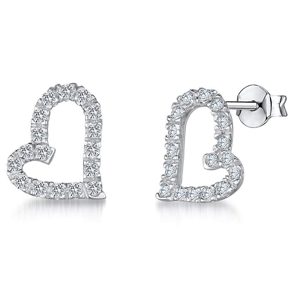 Sterling Silver Cubic Zirconia Offset Heart Earrings