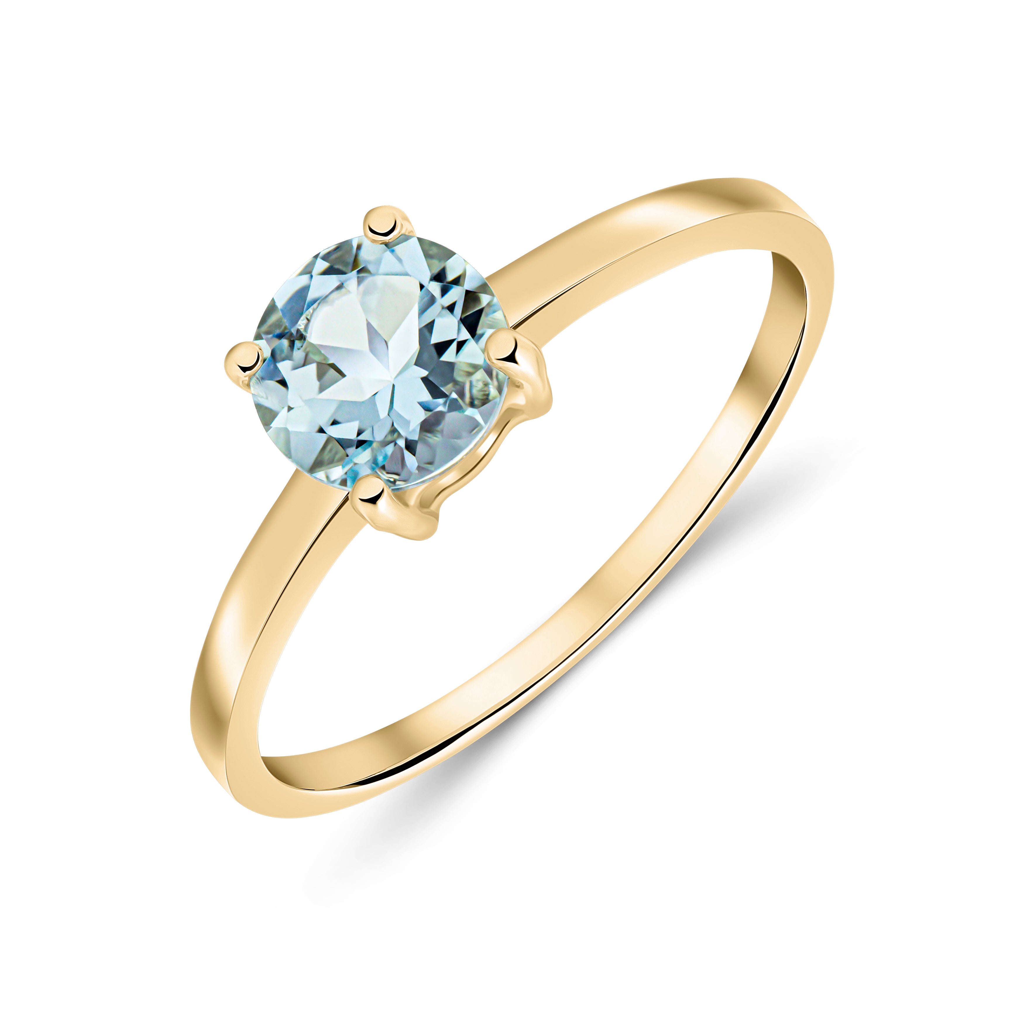 9CT YG 6MM ROUND AQUA 4 CLAW SINGLE STONE RING
