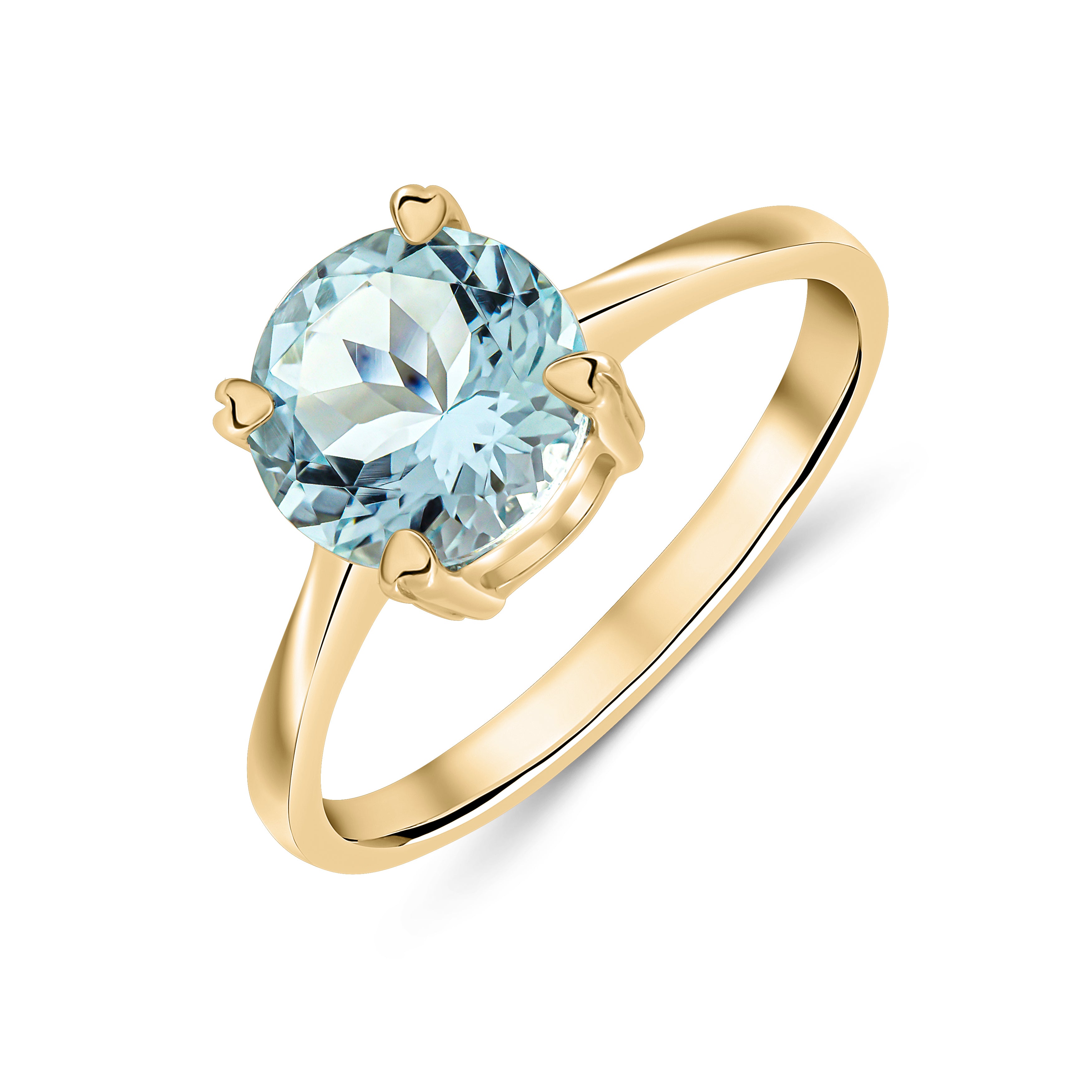 9CT YELLOW GOLD 8MM ROUND AQUA SINGLE STONE CLAW RING