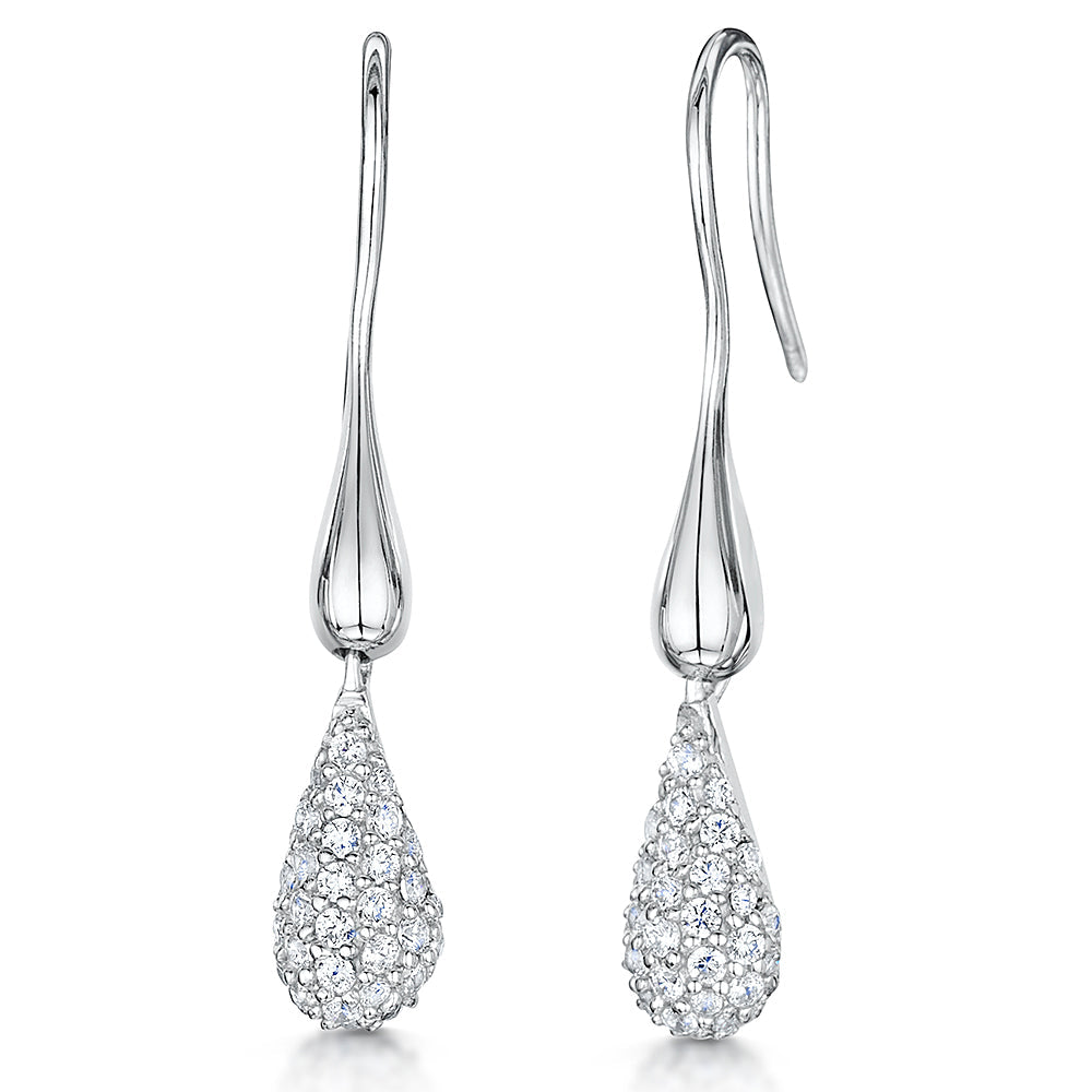 Sterling Silver Elegant Pavé Teardrop Drop Earrings