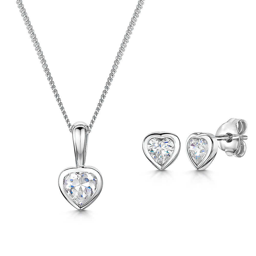 Sterling Silver Heart Solitaire Pendant And Earring Set